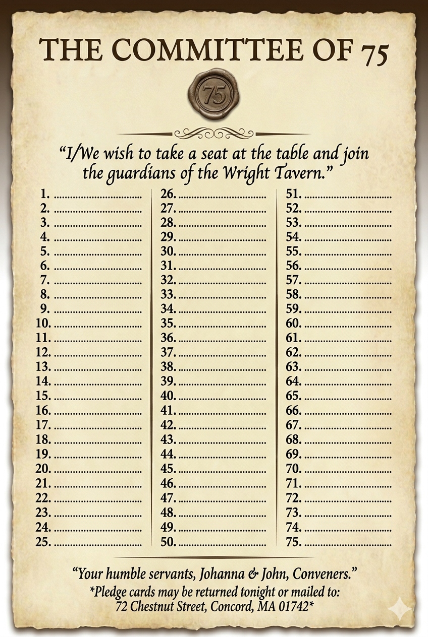 The Committee of 75 Enrollment Board — guardians of the Wright Tavern, Concord, MA. 75 numbered lines for member signatures with the inscription: I/We wish to take a seat at the table and join the guardians of the Wright Tavern.